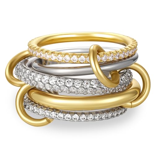 Gold Stackable Rings for Women Non Tarnish, 18k Gold Plated Cubic Zirconia Rings, Exquisite Silver Gold Multi Ring Mixed Metals Stack Jewelry Set Size 6-10 - color: 5PCS, size: 7