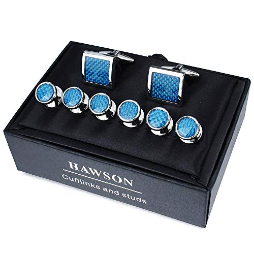 Mens Cufflinks and Tuxedo Studs Set in Gift Box (Carbon Fiber), Jewelry or Accessories in Gold Silver Black Tone, Matching with Shirts Vest and Bow tie, Suitable for Birthday Wedding Anniversary - color: Sky blue