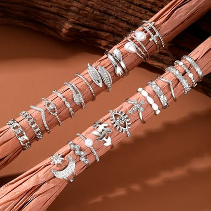 Golden Silvery Knuckle Rings Set for Women, Stackable Rings Bohemian Crystal Hollow Carved Flowers Joint Finger Rings Pack Fashion Jewelry Gifts for Birthday - color: 46 PCS-2