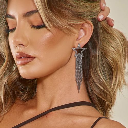 EVER FAITH Crystal Long Waterfall Star Tassel Clip-on Earrings for Women | Rhinestone Beaded Fringe Chandelier Dangle Statement Earring, Wedding Party Jewelry - color: Grey Black-Tone