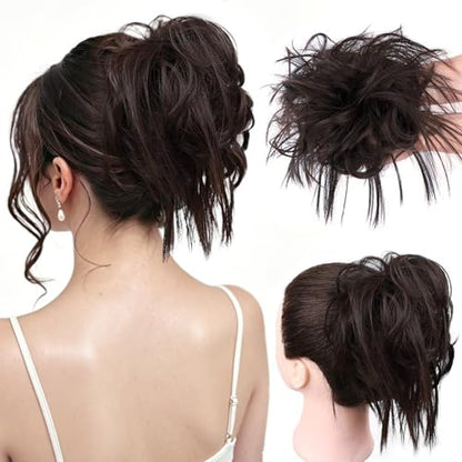 HMD Tousled Updo Messy Bun Hair Piece Ponytail Hairpieces for Women | Synthetic Hair Extension Ponytail with Elastic Rubber Band, Updo Hairpiece Hair Bun Scrunchies for Women Daily Party - color: 6A Dark Brown