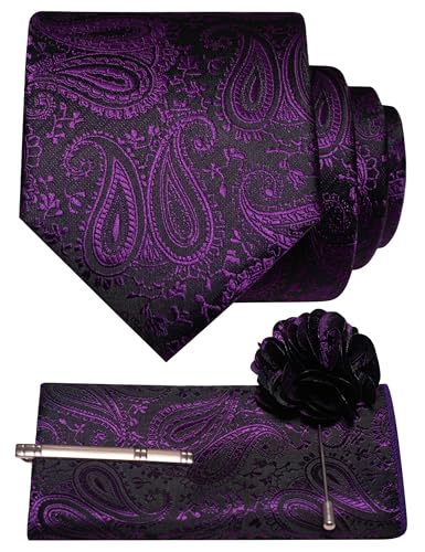 JEMYGINS Mens Paisley Tie and Lapel Pin Necktie Pocket Square and Tie Clip with Sets for Business Casual 4PCS - color: Purple/Black