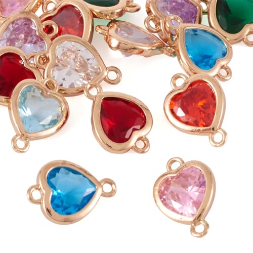 FASHEWELRY 16pcs Crystal Heart Charm Links Gold Plated Glass Heart Connector Pendants 14x10x4.5mm Double Loop for DIY Necklace Bracelet Jewelry Making Valentine's Day - color: Mixed Color Heart