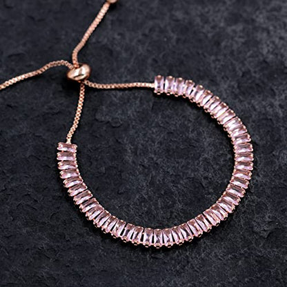 Uloveido Classic Emerald Cut Rectangular Cubic Zirconia Eternity Tennis Bracelet Adjustable for Women Y1788 - color: Rose Gold-pink