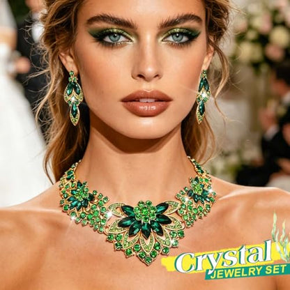 Yonamix Gold Jewelry Set Wedding Rhinestone Necklace Sets for Women | Formal Prom Dinner Party Gala Night Crystal Flower Necklaces Earrings - color: C Green