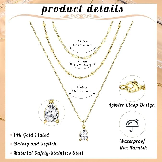 Gold Layered Necklaces for Women, 14K Gold Plated Paperclip Snake Chain Necklace Set, Dainty Coin Cross Tear Pendant Layering Choker Necklaces, Simple Trendy Stackable Jewelry Gifts - color: 3PCS / CZ & 2 Chains