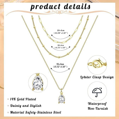 Gold Layered Necklaces for Women, 14K Gold Plated Paperclip Snake Chain Necklace Set, Dainty Coin Cross Tear Pendant Layering Choker Necklaces, Simple Trendy Stackable Jewelry Gifts - color: 3PCS / CZ & 2 Chains