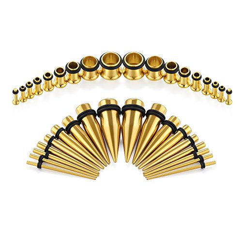 vcmart 14G-00G 36 pcs Ear Gauges Stretching Kit Tapers Plugs Eyelets Implant Grade Steel - color: Gold