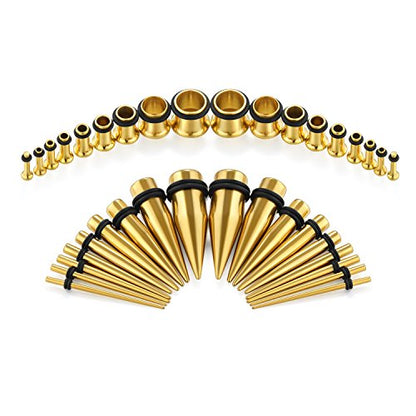 vcmart 14G-00G 36 pcs Ear Gauges Stretching Kit Tapers Plugs Eyelets Implant Grade Steel - color: Gold