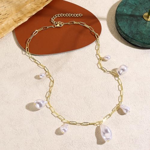 Chunky Pearl Necklaces for Women Chunky Baroque Pearl Beaded Gold Chain Link Pearls Pendant Necklace White Pearls Necklace Valentine's Day Jewelry Gifts Party Prom Birthday Outfits Accessorie - style: Golden Chain, Seven Pearls