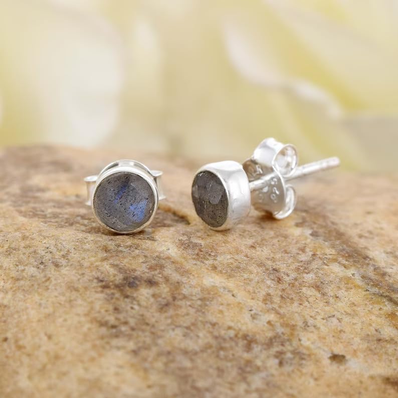 5 MM Natural Gemstone 925 Sterling Silver Hypoallergenic Studs Earrings Jewelry for Women Dainty Trendy Antiqued Silver Birthstone Earrings Jewelry Gifts for Women and Her - color: Labradorite