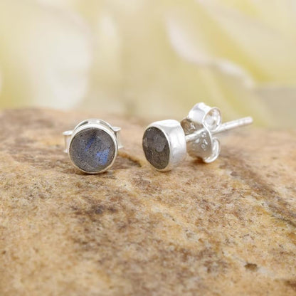 5 MM Natural Gemstone 925 Sterling Silver Hypoallergenic Studs Earrings Jewelry for Women Dainty Trendy Antiqued Silver Birthstone Earrings Jewelry Gifts for Women and Her - color: Labradorite
