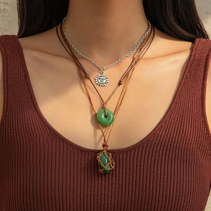 Crystal Holder Necklace for Women Natural Gemstone Crystal Pendant Necklace Handmade Boho Sun Necklace Summer Beach Jewelry Accessories - color: Green