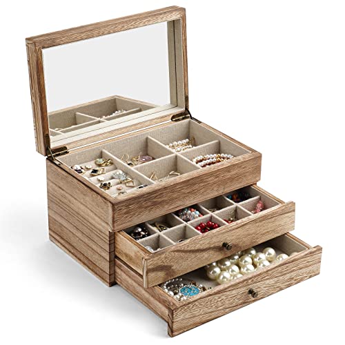 Meangood Jewelry Box Organizer for Women, 3 Layer Large Jewelry Storage Case, Rustic Wooden Jewelry Box with Mirror & Ring Tray for Necklace Earring Bracelets Rings, Vintage Style (Carbonized Black) - color: 3 Layer Carbonized Black, size: 3 Layer