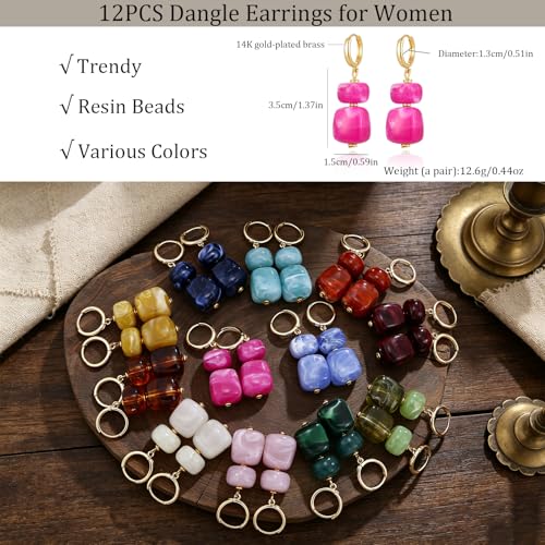 COLOYAN 12 Pairs Multicolor Resin Beaded Drop Earrings for Women | 14K Gold Plated, Hoop Dangle, Lightweight Geometric Square Acrylic, Boho Statement, Women Daily Wear Vacation Gift