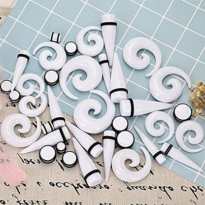 Qmcandy 00G-20mm Ear Stretching Kit 36PCS Big Gauge Taper Kit Large Acrylic Tunnel Plug Spiral Set - color: 36pcs, White