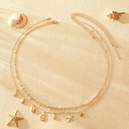 14K Gold Plated Waist Chain for Women Layered Waist Beads Belly Chain Belt, Waterproof Summer Beach Body Jewelry for Bikini, Festival Vacation Accessories for Women - style: Conch Tassel