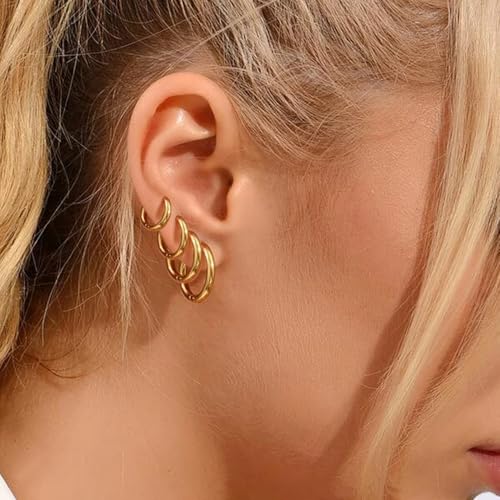 Silver Gold Hoop Earrings for Women Men, 316L Surgical Stainless Steel Huggie Hoop Earrings Set Hypoallergenic Small Cartilage Earrings Lightweight Hoop Earrings Huggie Set - color: 4 Pair Small Gold-8/10/12/14mm