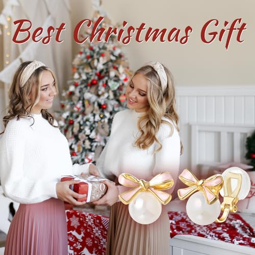 YOQUCOL Golden Bow Clip On Stub,Danle Drop Earrings for Women Simulated Pearl Christmas Xmas Bowknot Non Pierced Earrings - color: Stud Clip-02-Pink