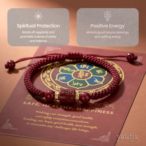 Yautja Tibetan Buddhist Red Buddha Spiritual Protection Red String Bracelet | Meditation Prayer Jewelry for Good Luck Health Wealth, Cinnabar Beads Exorcism Bracelet with Amulet Card, Handmade Adjustable - color: Red-2
