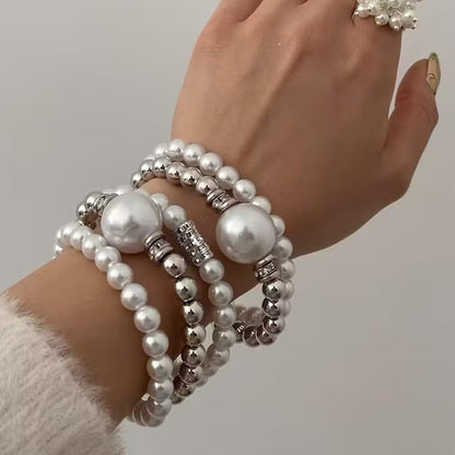 5-Piece Faux Pearl Stackable Bracelet Set, Fashion Layered Beaded Hand Jewelry with Rhinestone Accents for Women - color: Silver, size: One Size