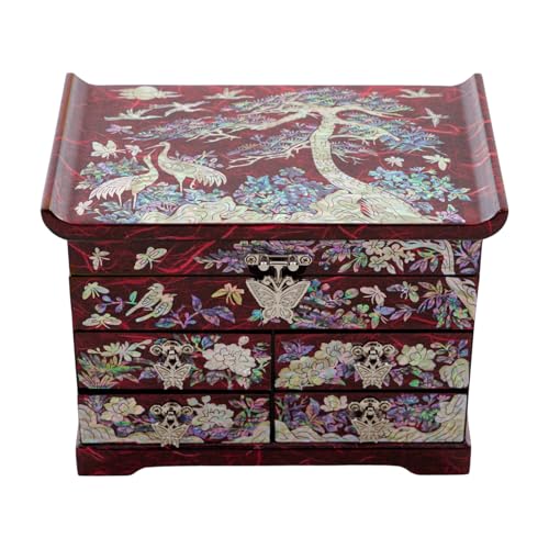 February Mountain Handcrafted Mother of Pearl Jewelry Box – Korean Traditional Design | Unique Keepsake Organizer for Women, Mom, Grandma | Gift for Christmas, Birthday, Anniversary - style: Crane and Pine Tree - Red