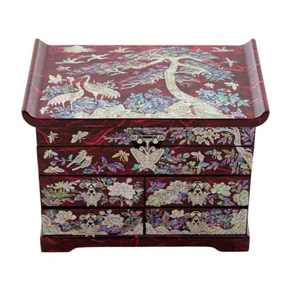 February Mountain Handcrafted Mother of Pearl Jewelry Box – Korean Traditional Design | Unique Keepsake Organizer for Women, Mom, Grandma | Gift for Christmas, Birthday, Anniversary - style: Crane and Pine Tree - Red