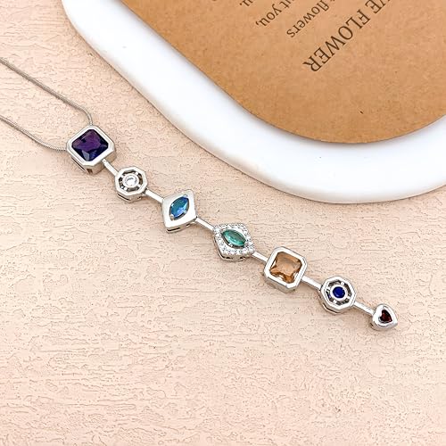 18K Gold Plated Seven Chakra Necklace for Women, Dainty Y Necklace Lariat Drop Pendant, Crystal Healing Yoga Jewelry Gifts - color: silver 02