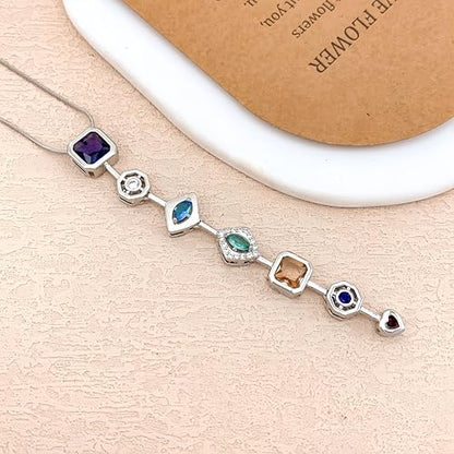 18K Gold Plated Seven Chakra Necklace for Women, Dainty Y Necklace Lariat Drop Pendant, Crystal Healing Yoga Jewelry Gifts - color: silver 02