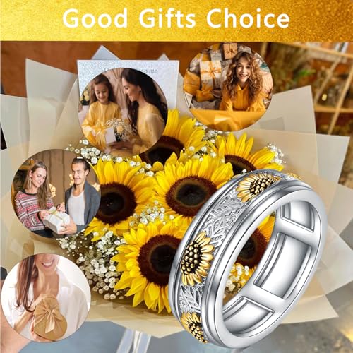 POPLYKE Sterling Silver Anxiety Spinner Rings Spinning Fidget Rings for Women Relieve Stress Jewelry Gifts - color: Sunflower