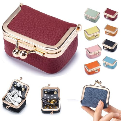 Genuine Leather Mini Jewelry Box & Coin Purse for Women, Travel Jewelry Case with Kiss Lock, Holds Earrings, Rings, Necklace, Bracelet, Coins (Red) - color: Red