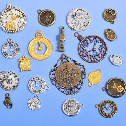 stino 100 G Mixed Style Metal Charms for Jewelry Making, Bulk Silver & Gold Plated, for Bracelet, Necklace, Earrings DIY Crafts - style: Clock
