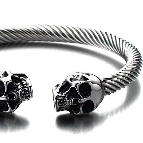 COOLSTEELANDBEYOND Elastic Adjustable Unique Mens Skull Cuff Bangle Steel Twisted Cable Bracelet Polished - color: C-Metal Color: Silver & Black