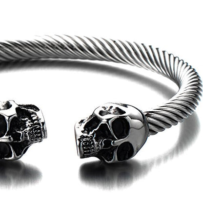 COOLSTEELANDBEYOND Elastic Adjustable Unique Mens Skull Cuff Bangle Steel Twisted Cable Bracelet Polished - color: C-Metal Color: Silver & Black