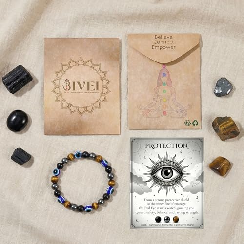 Bivei Protection Crystal Healing Bracelet | 8MM Strength Bracelet Spiritual Stretch Beaded Jewelry for Women Men Gift - color: Protection, size: Medium 6.8-7.3 inch