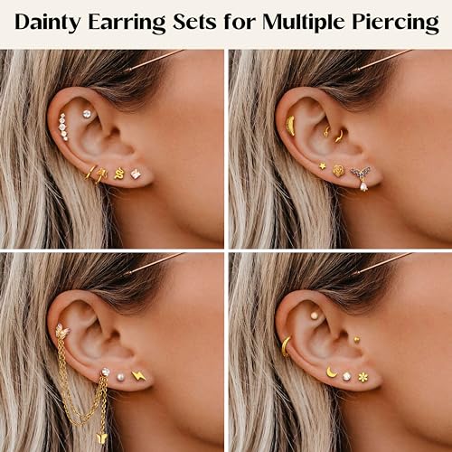Besteel 27Pcs Flat Back Earrings Hypoallergenic Surgical Steel Stud Earring Stacks Set Dainty Chain Dangle Cartilage Tragus Daith Helix Piercing Jewelry for Women Men Trendy 16G - color: Gold