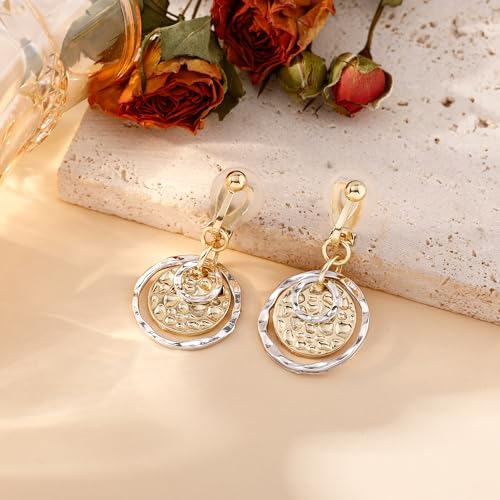Awinesn Clip on Earrings for Women 14K Gold/Sterling Silver Plated Disc Earrings for Women Circle Drop Dangle Earrings Jewelry Hypoallergenic Hammered Non Pierced Earring Jewelry Gifts Wedding Party - style: S1