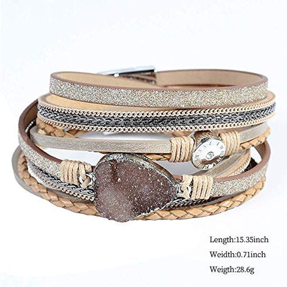 Artilady Leather Wrap Bracelet for Women, Pearl Beaded Bangle Stack Jewelry | Easy on-off, Elegant Handmade Multi-Layered, Daily Casual Date Beach Vacation, Gift for Ladies, Mother, Sister & Friend - style: Brown with druzy