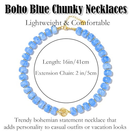 Boho Colorful Chunky Beaded Necklace for Women Trendy Resin Statement Choker Necklaces Summer Beach Style Womens Vacation Fashion Jewelry Gifts Accessories - color: Blue-3