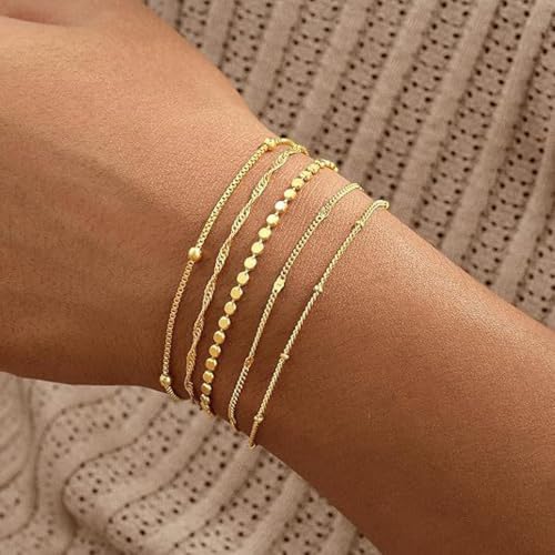 Gold Bracelets for Women, 14K Gold Plated Stackable Bracelet Set, Adjustable Charm Layered Jewelry Paperclip Chain Cuban Link Waterproof Bracelets Gifts