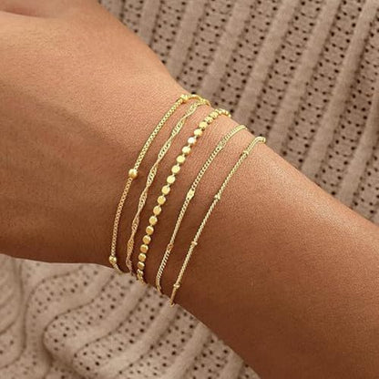 Gold Bracelets for Women, 14K Gold Plated Stackable Bracelet Set, Adjustable Charm Layered Jewelry Paperclip Chain Cuban Link Waterproof Bracelets Gifts