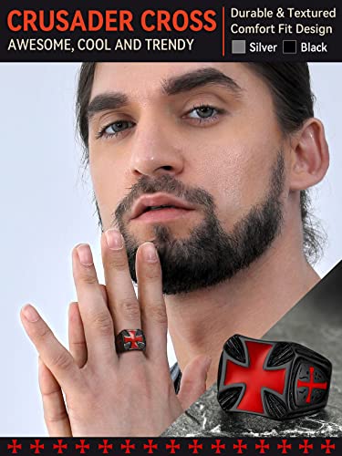 FaithHeart Mens Stainless Steel Crusader Jerusalem Cross Ring with 18K Gold Plated Two Tone Ring Size 7,8,9,10,11,12 - color: 03. Shield Cross-Black
