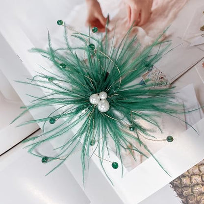 Elegant Feather Flower Pearl Cz Large Brooch Pin for Women Men Rhinestone Crystal Floral Lapel Pins Wedding Party Banquet Dress Suit Clothes Accessories Fashion Jewelry 180mm - color: Green