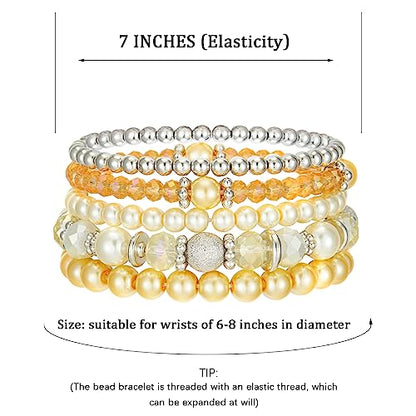 Noessla Beaded Pearl Stretch Bracelet Silver Stackable Crystal Beads Bracelets Trendy Costume Jewelry Mothers Day Gifts for Women - color: Yellow