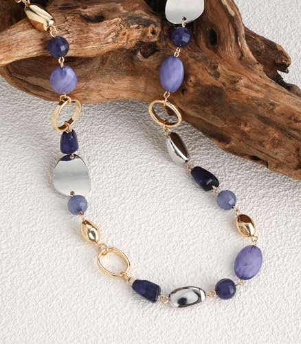 Long Gold Boho Necklaces for Women Beaded Statement Chain Long Necklace Gold Costume Jewelry Birthday Gifts for Her - color: 93-Dark Blue