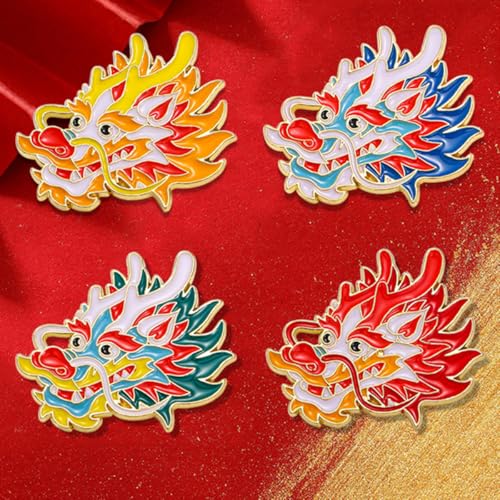 4pcs Chinese Dragon Enamel Lapel Pin Set, Dragon ChineseZodiac Style Traditional Design Red Yellow Pink Blue Green - color: RED