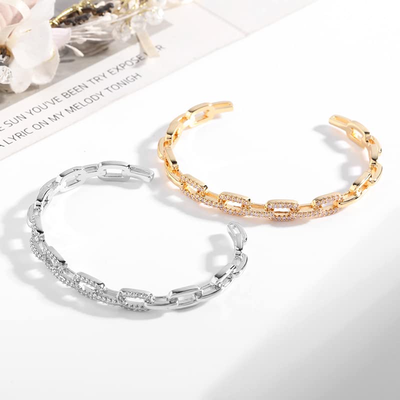 14K Gold Moissanite Open Bangle Bracelet for Women,Sparkling Geometric Moissanite Chain Open Cuff Bangle,Fashion Christmas Jewelry Gift for Her - color: White Gold