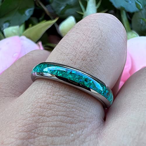 TUTISS 4mm Silver/Black Tungsten Rings for Women Men Engagement Wedding Bands Genuine Blue Green Galaxy Opal Inlay Domed Polished Comfort Fit - color: 4mm Tungsten Green Opal