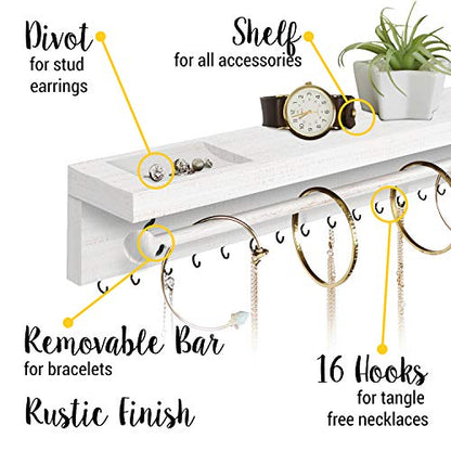 Rustic White Necklace Jewelry Organizer - Wall Mount Jewelry Holder - Mounted Hanging Jewelry Storage Hooks for Necklace, Earrings, and Rings - Farmhouse Wood Decor Bedroom Boho Shelf Rack - style: Rustic - Whitewashed Wood