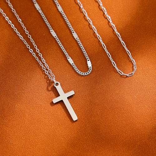 Cross Necklace for Women Dainty Layered Stainless Steel Silver Chain Necklace Stack Trendy Charm Pendant Necklaces Jewelry Set - color: Silver